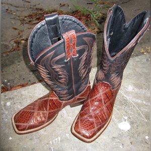 Men's Brandy Brown Caiman Patchwork and Black Wide Square Toe Exotic CowboyBoots